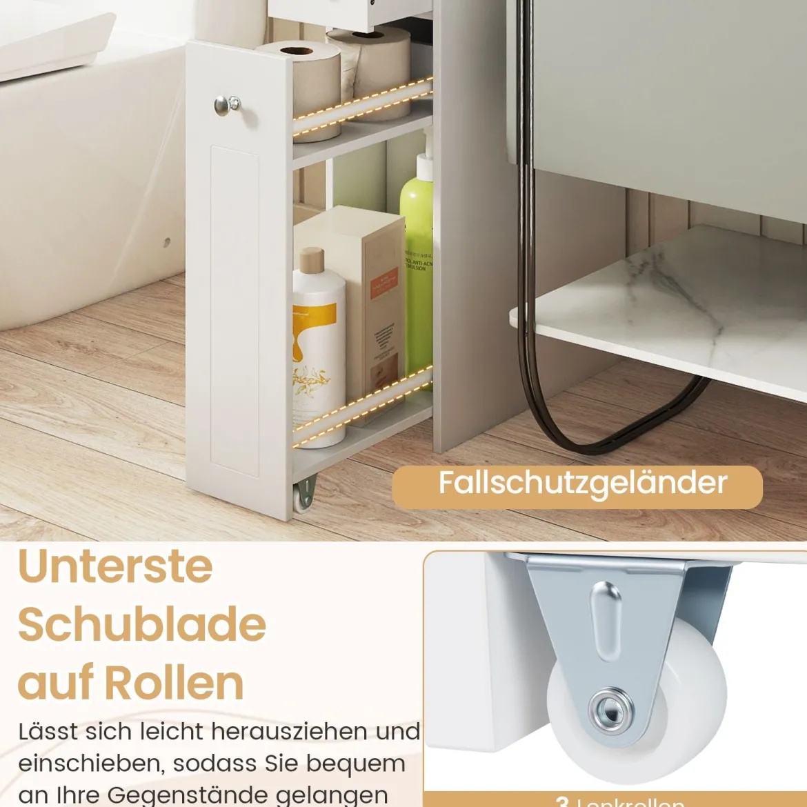 Kleiner Badezimmerschrank 4-stufiger schmaler Aufbewahrungsschrank mit ausziehbaren Schubladen Weiß