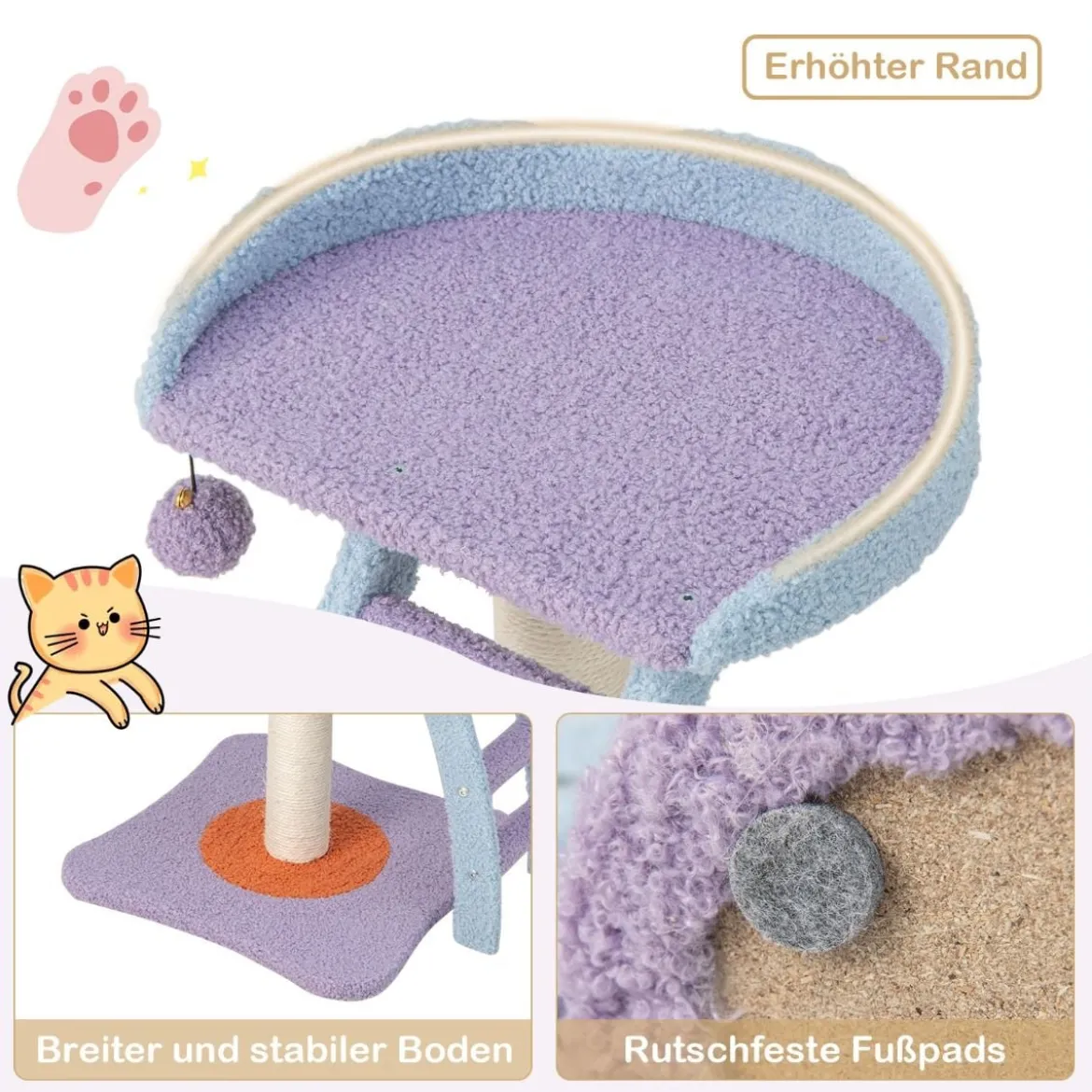 Kleiner Katzenbaum mit Leiter & weicher Sitzfläche & Ball & Basis39,5 x 39,5 x 48,5 cm Lila + Blau