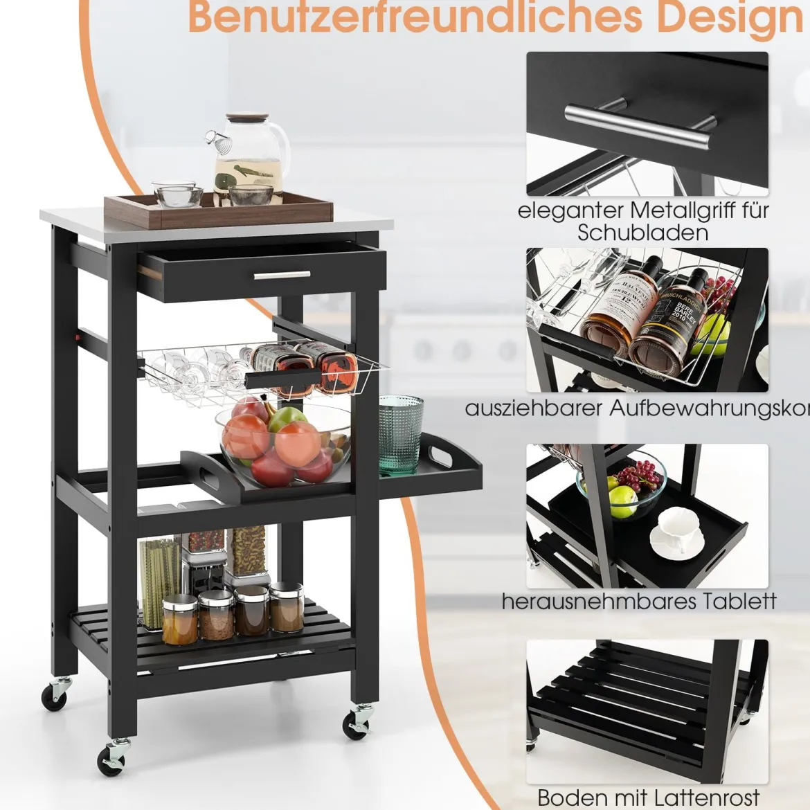 Kleiner Küchenwagen Servierwagen auf Rollen Küchenregal mit Arbeitsplatte aus Edelstahl 47 x 39 x 85 cm Schwarz