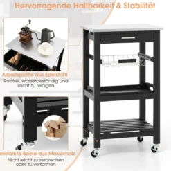 Kleiner Küchenwagen Servierwagen auf Rollen Küchenregal mit Arbeitsplatte aus Edelstahl 47 x 39 x 85 cm Schwarz