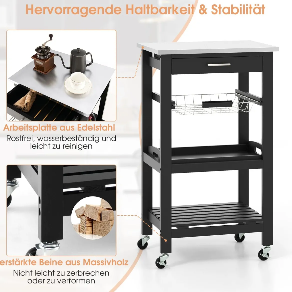 Kleiner Küchenwagen Servierwagen auf Rollen Küchenregal mit Arbeitsplatte aus Edelstahl 47 x 39 x 85 cm Schwarz