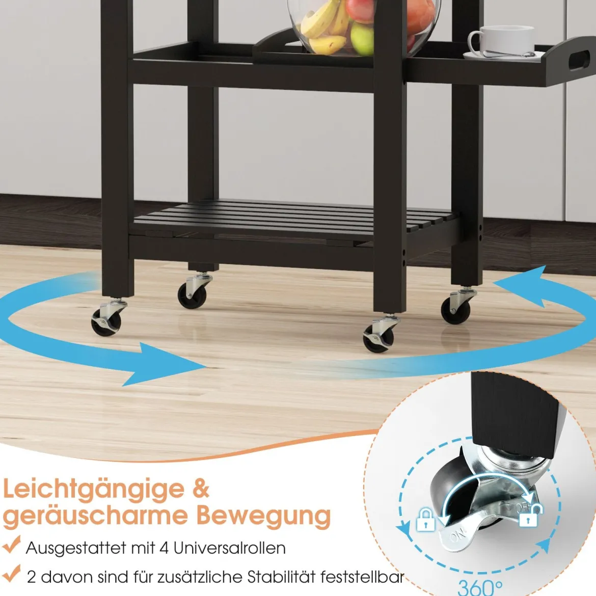 Kleiner Küchenwagen Servierwagen auf Rollen Küchenregal mit Arbeitsplatte aus Edelstahl 47 x 39 x 85 cm Schwarz