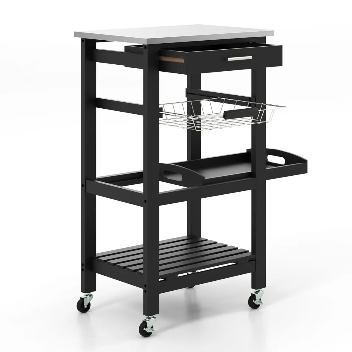 Kleiner Küchenwagen Servierwagen auf Rollen Küchenregal mit Arbeitsplatte aus Edelstahl 47 x 39 x 85 cm Schwarz