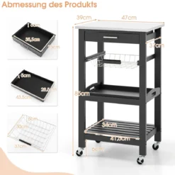 Kleiner Küchenwagen Servierwagen auf Rollen Küchenregal mit Arbeitsplatte aus Edelstahl 47 x 39 x 85 cm Schwarz