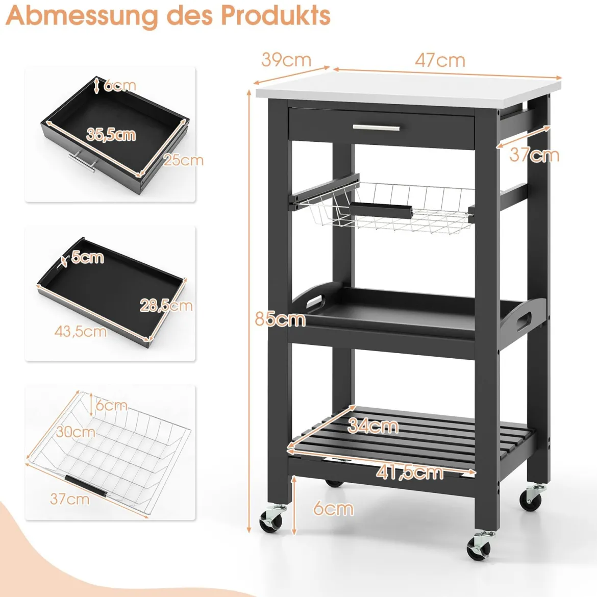 Kleiner Küchenwagen Servierwagen auf Rollen Küchenregal mit Arbeitsplatte aus Edelstahl 47 x 39 x 85 cm Schwarz