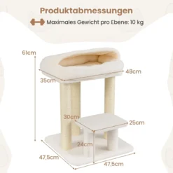 Kleiner Kratzbaum für Wohnungskatzen Katzenturm mit gemütlichem Plüsch-Top-Liegeplatz Weiß