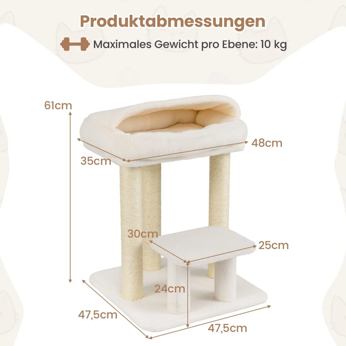 Kleiner Kratzbaum für Wohnungskatzen Katzenturm mit gemütlichem Plüsch-Top-Liegeplatz Weiß