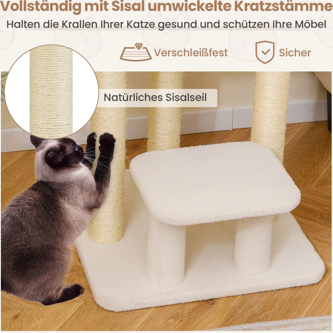 Kleiner Kratzbaum für Wohnungskatzen Katzenturm mit gemütlichem Plüsch-Top-Liegeplatz Weiß