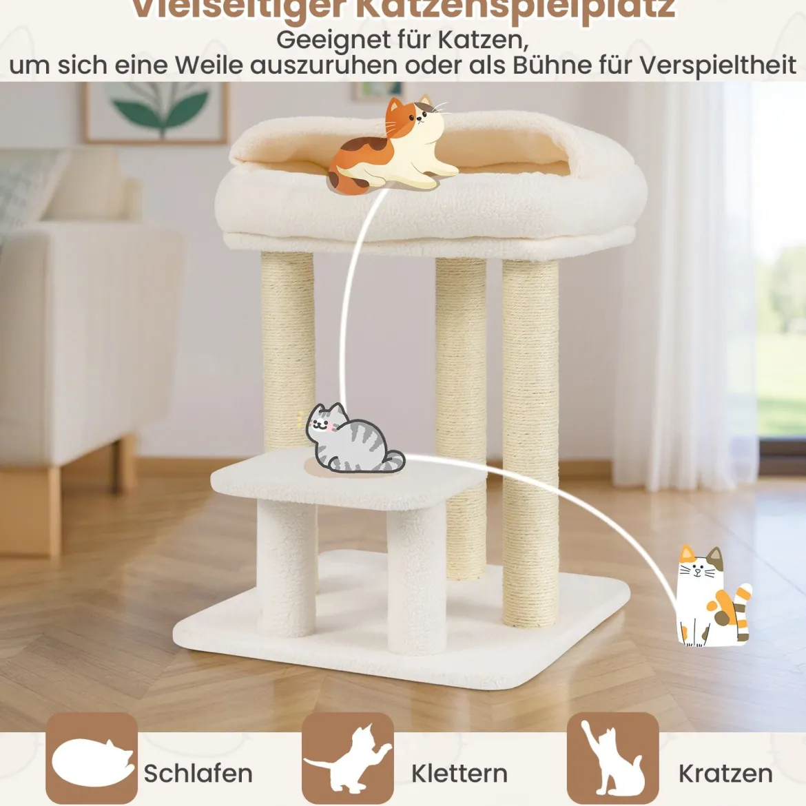 Kleiner Kratzbaum für Wohnungskatzen Katzenturm mit gemütlichem Plüsch-Top-Liegeplatz Weiß