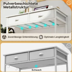 Kleiner Schreibtisch Computertisch mit 2 Stoffschublade 4 Haken & Metallrahmen Bürotisch aus Holz modern Weiß
