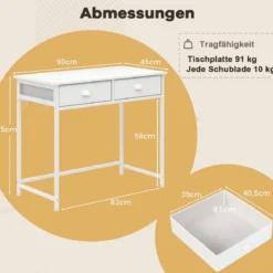 Kleiner Schreibtisch Computertisch mit 2 Stoffschublade 4 Haken & Metallrahmen Bürotisch aus Holz modern Weiß