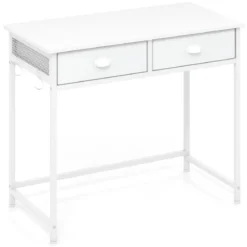 Kleiner Schreibtisch Computertisch mit 2 Stoffschublade 4 Haken & Metallrahmen Bürotisch aus Holz modern Weiß