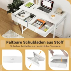 Kleiner Schreibtisch Computertisch mit 2 Stoffschublade 4 Haken & Metallrahmen Bürotisch aus Holz modern Weiß