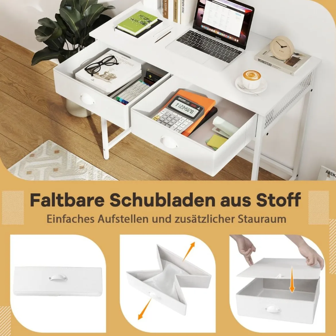 Kleiner Schreibtisch Computertisch mit 2 Stoffschublade 4 Haken & Metallrahmen Bürotisch aus Holz modern Weiß