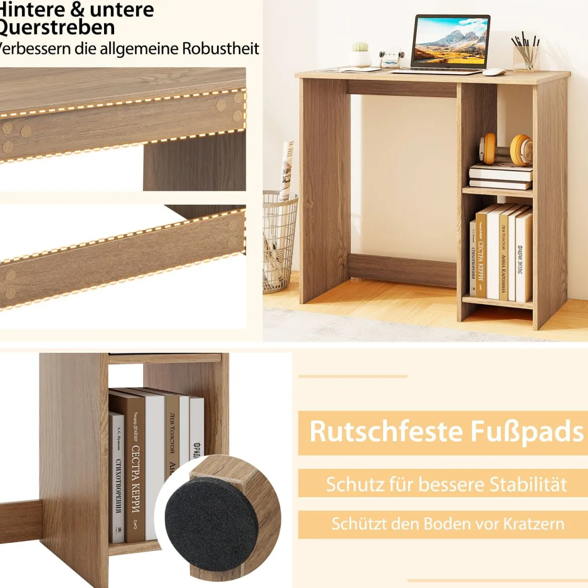 Kleiner Schreibtisch mit 2 Fächern Computertisch Bürotisch PC-Tisch 80 x 40 x 74 cm Weiß/Braun/Natur/Schwarz