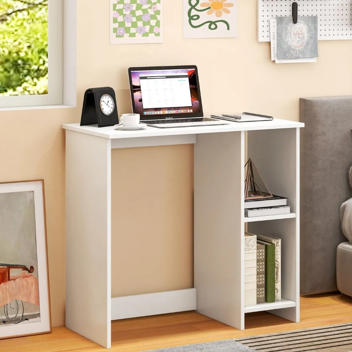 Kleiner Schreibtisch mit 2 Fächern Computertisch Bürotisch PC-Tisch 80 x 40 x 74 cm Weiß/Braun/Natur/Schwarz