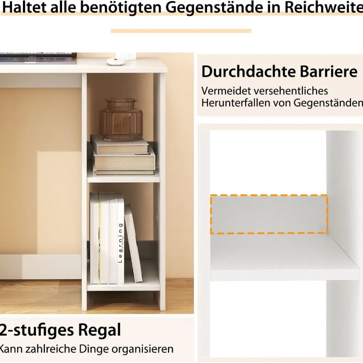 Kleiner Schreibtisch mit 2 Fächern Computertisch Bürotisch PC-Tisch 80 x 40 x 74 cm Weiß/Braun/Natur/Schwarz