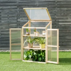 Kleines Kaltgewächshaus aus Holz 3-Ebenen Schutz für Blumenbeete im Garten 60 x 45 x 100 cm