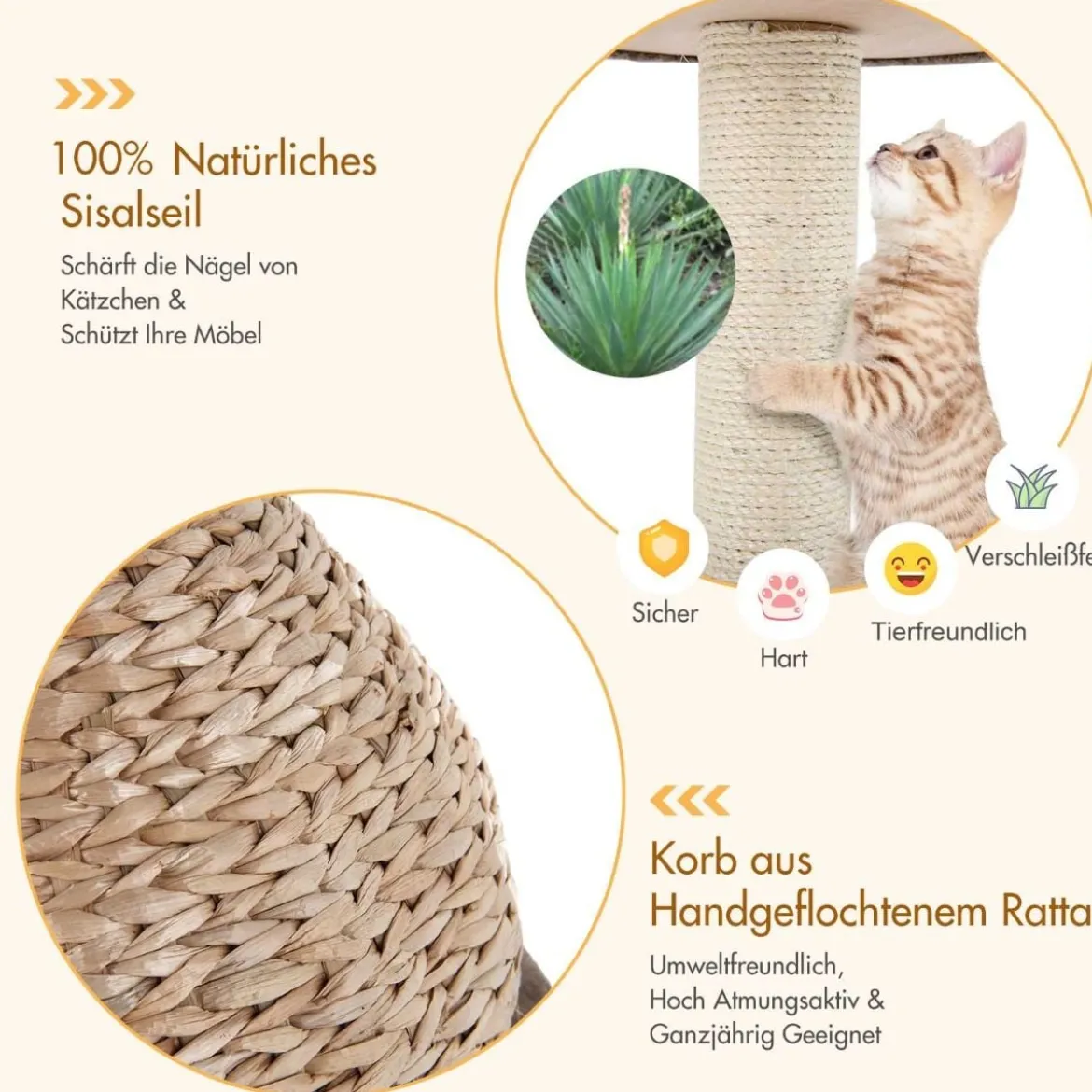 Klein Katzenbaum mit Höhle & Natürlichem Sisal & Handgefertigter Korb φ 48 x 70,5 cm