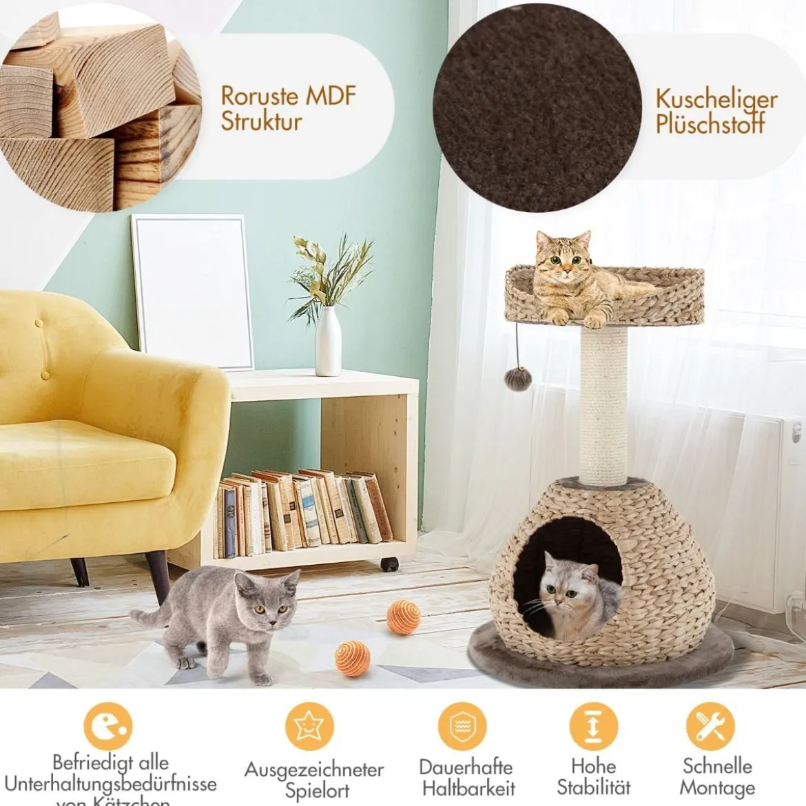 Klein Katzenbaum mit Höhle & Natürlichem Sisal & Handgefertigter Korb φ 48 x 70,5 cm