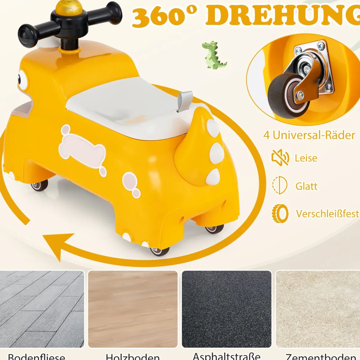 Kleinkind Aufsitzspielzeug Fahrzeug mit Stauraum unter dem Sitz Lichter Musik & Hupe Gelb