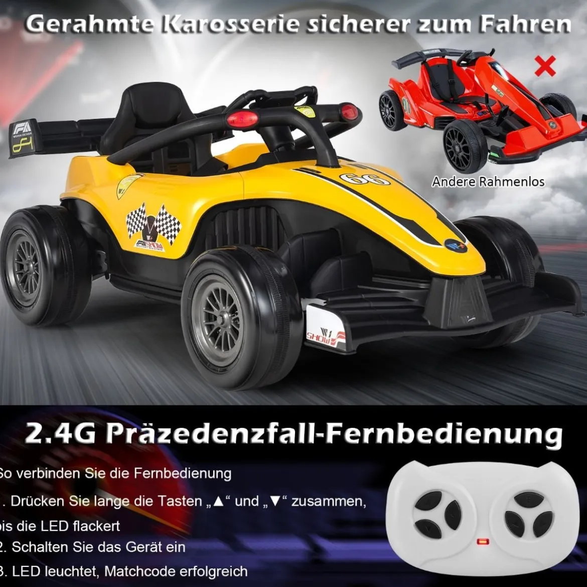 Kleinkind-Elektroauto 12-V-Kinderauto Elektrisches Rennauto für Kleinkinder mit Fernbedienung Gelb