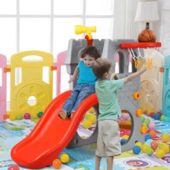 Kleinkindrutsche Kinderrutsche Kinderschlossrutsche mit Basketballkorb und Teleskopspielzeug