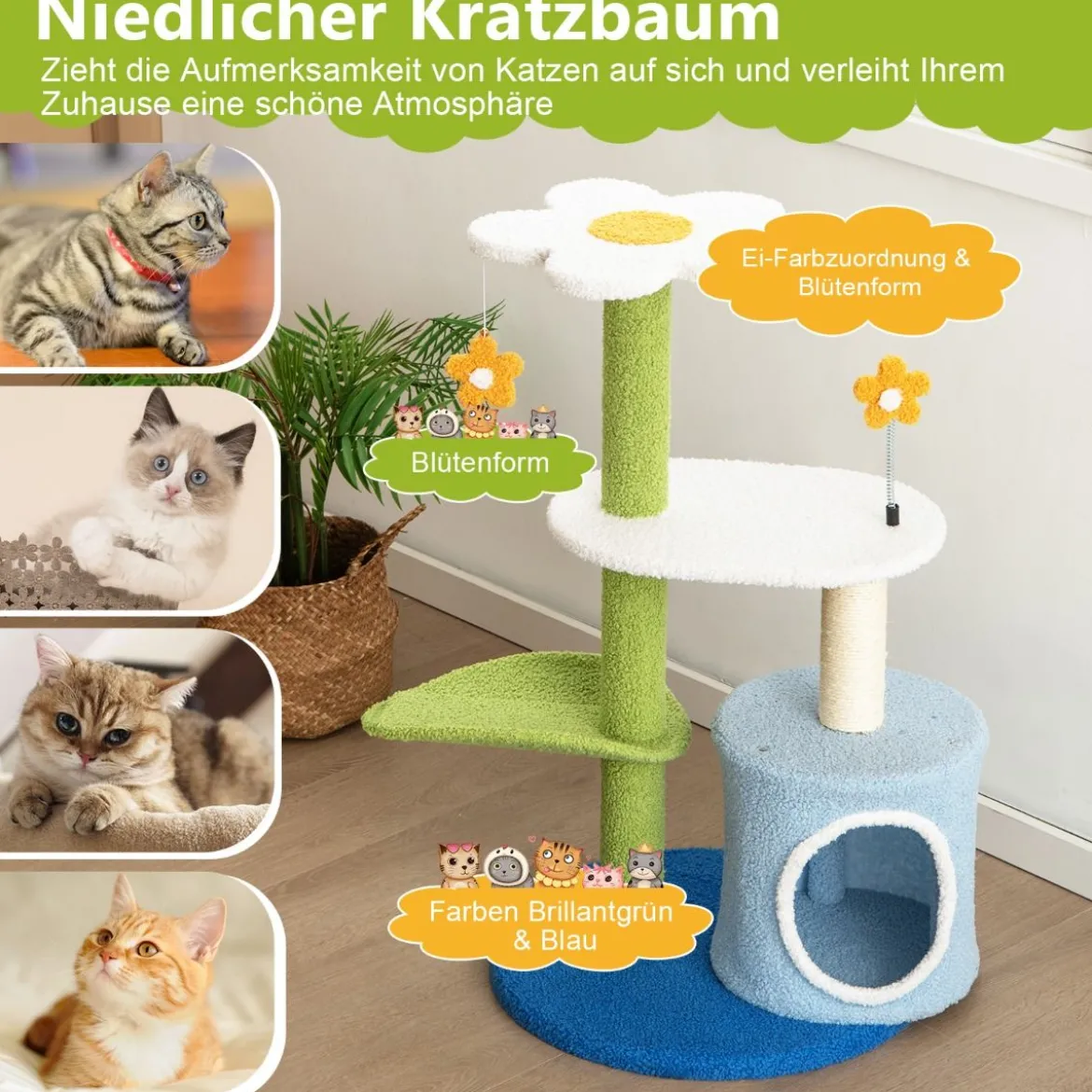 Klein Kratzbaum mit blumenförmiger Sitzfläche & 2 Bällen & blattförmiger Kletterturm Grün+Blau