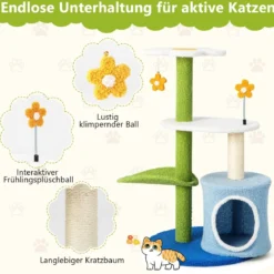 Klein Kratzbaum mit blumenförmiger Sitzfläche & 2 Bällen & blattförmiger Kletterturm Grün+Blau