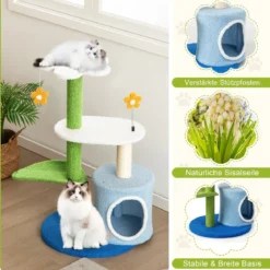 Klein Kratzbaum mit blumenförmiger Sitzfläche & 2 Bällen & blattförmiger Kletterturm Grün+Blau