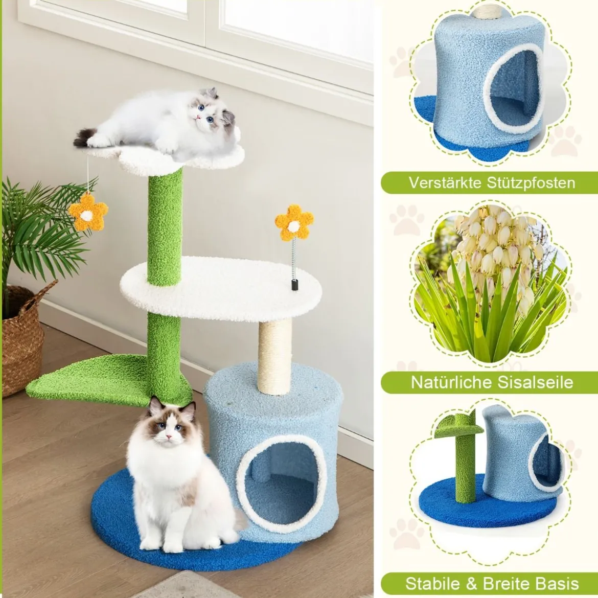Klein Kratzbaum mit blumenförmiger Sitzfläche & 2 Bällen & blattförmiger Kletterturm Grün+Blau