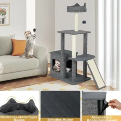 Klein Kratzbaum mit Höhle & Kratzsäulen & Sisal-Rampe & Ball Katzenbaum Kletterbaum