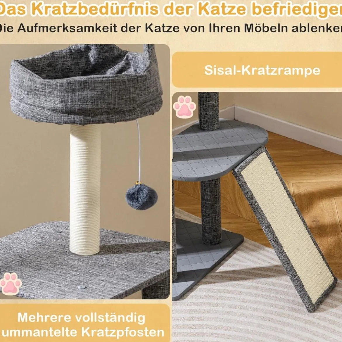 Klein Kratzbaum mit Höhle & Kratzsäulen & Sisal-Rampe & Ball Katzenbaum Kletterbaum