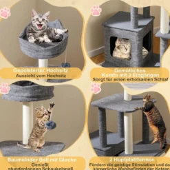 Klein Kratzbaum mit Höhle & Kratzsäulen & Sisal-Rampe & Ball Katzenbaum Kletterbaum