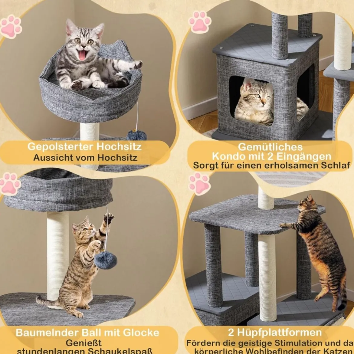 Klein Kratzbaum mit Höhle & Kratzsäulen & Sisal-Rampe & Ball Katzenbaum Kletterbaum