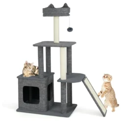 Klein Kratzbaum mit Höhle & Kratzsäulen & Sisal-Rampe & Ball Katzenbaum Kletterbaum