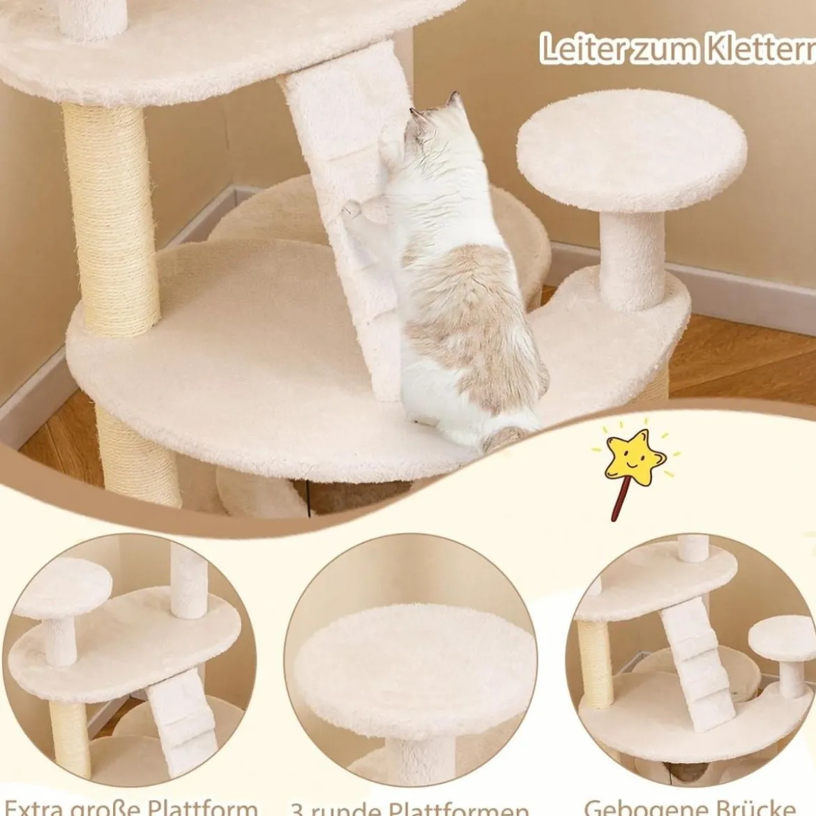 Klein Kratzbaum mit Katzenhöhle & Ball & Leiter Holz Katzenbaum Katzenkratzbaum Weiß