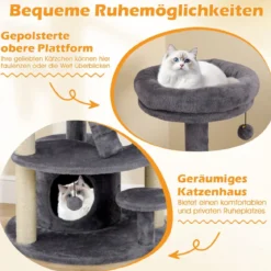 Klein Kratzbaum mit Katzenhöhle & Ball & Leiter Holz Katzenbaum Katzenkratzbaum Grau