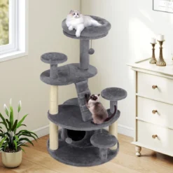 Klein Kratzbaum mit Katzenhöhle & Ball & Leiter Holz Katzenbaum Katzenkratzbaum Grau