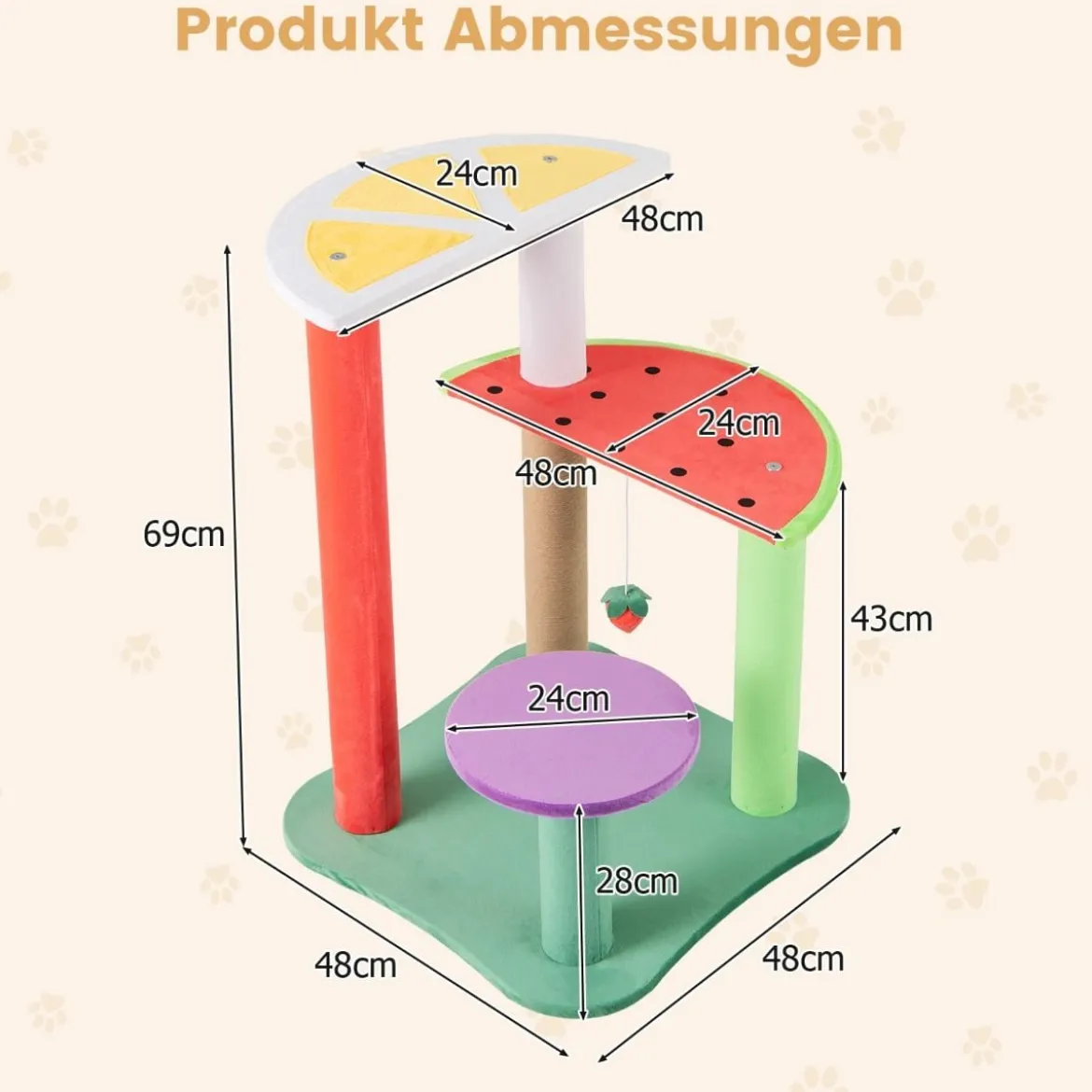 Klein Kratzbaum mit Plattformen & Erdbeerball & Kratzpfosten Niedliches Obstthema Katzenbaum