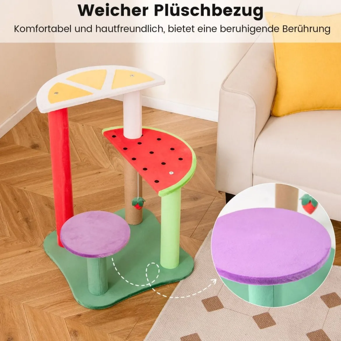 Klein Kratzbaum mit Plattformen & Erdbeerball & Kratzpfosten Niedliches Obstthema Katzenbaum