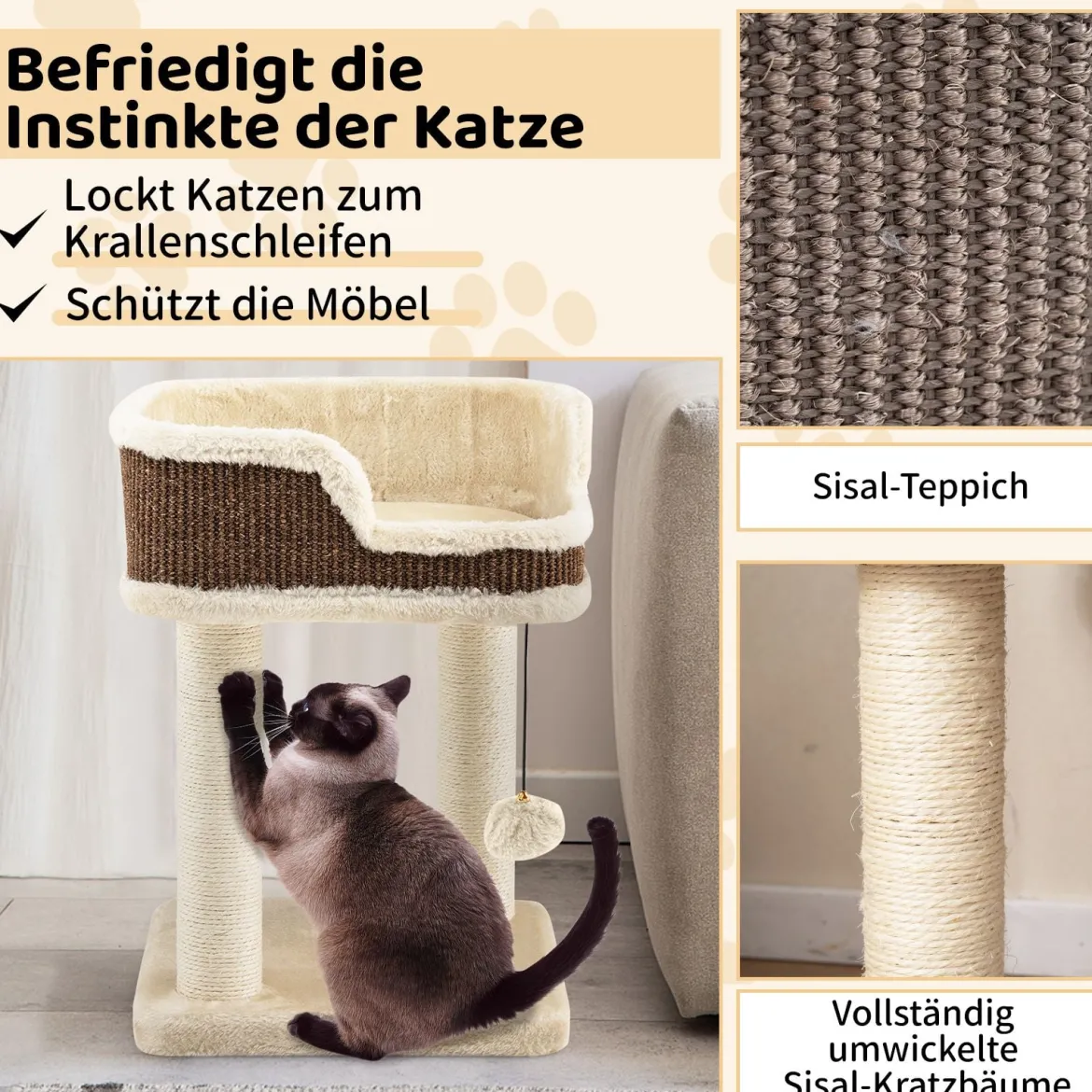 Klein Kratzbaum mit Plüschsitz & Ball & Sisal-Kratzsäulen Katzenbaum Katzenkratzbaum Beige