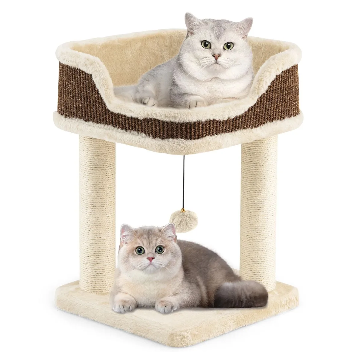 Klein Kratzbaum mit Plüschsitz & Ball & Sisal-Kratzsäulen Katzenbaum Katzenkratzbaum Beige