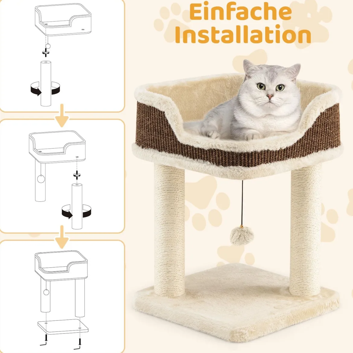 Klein Kratzbaum mit Plüschsitz & Ball & Sisal-Kratzsäulen Katzenbaum Katzenkratzbaum Beige