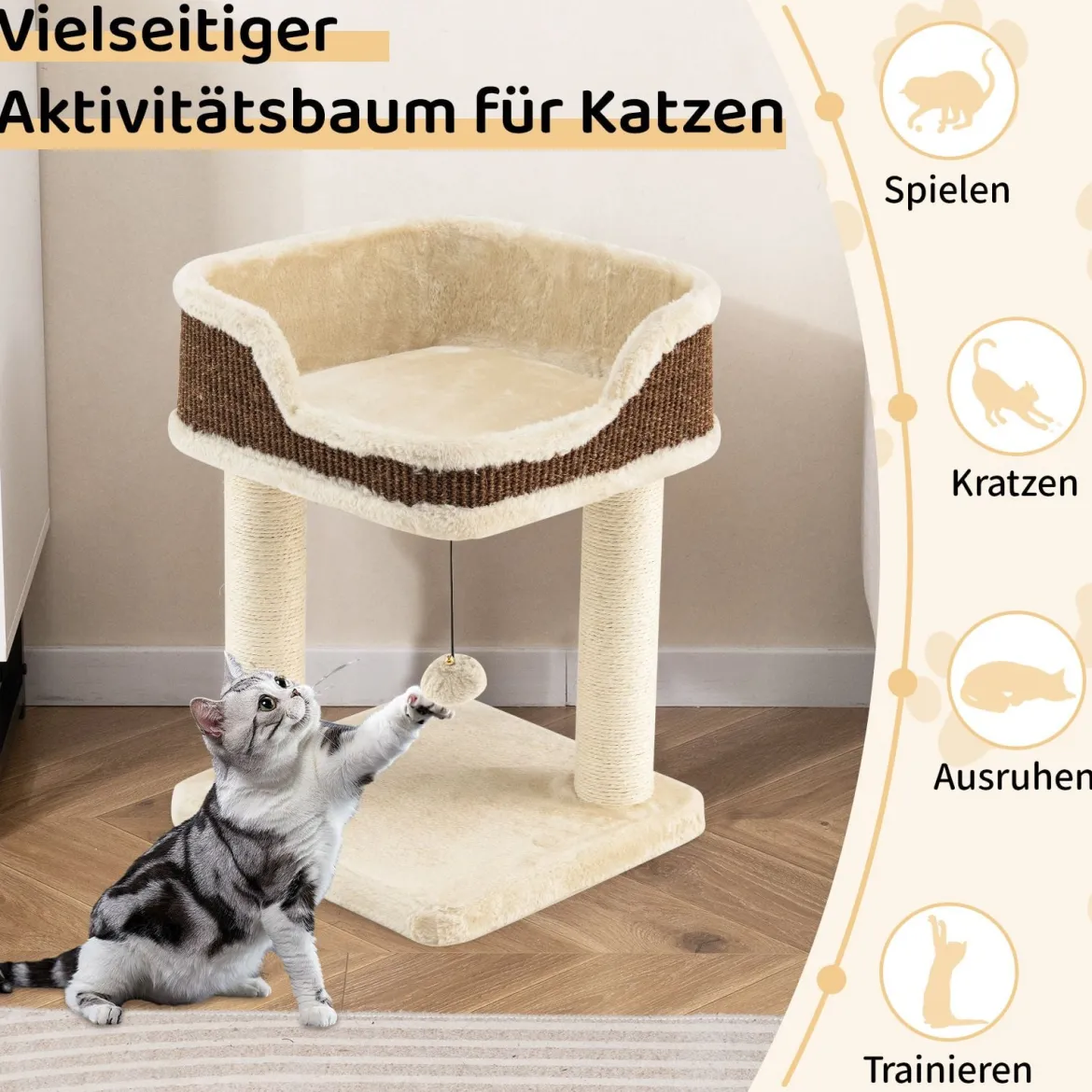 Klein Kratzbaum mit Plüschsitz & Ball & Sisal-Kratzsäulen Katzenbaum Katzenkratzbaum Beige