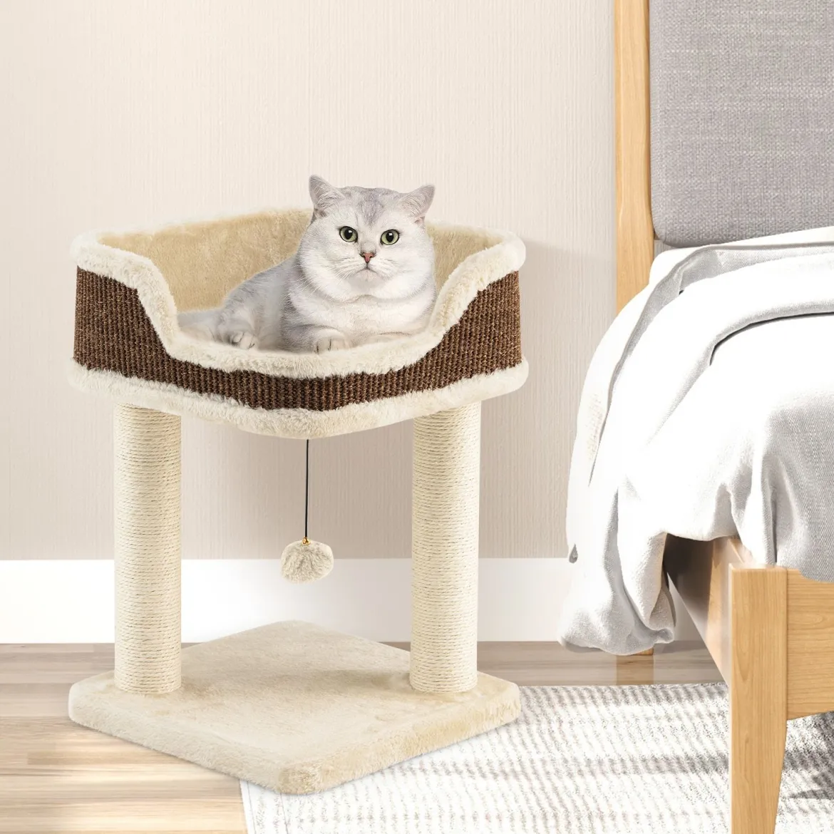 Klein Kratzbaum mit Plüschsitz & Ball & Sisal-Kratzsäulen Katzenbaum Katzenkratzbaum Beige