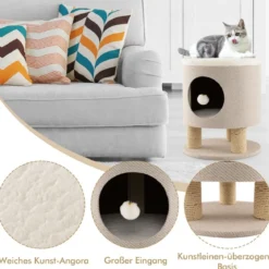 Klein Kratzbaum mit Weicher Sitzfläche & 3 Sisal-Kratzsäulen & Ball Hocker 40 x 40 x 47 cm Beige