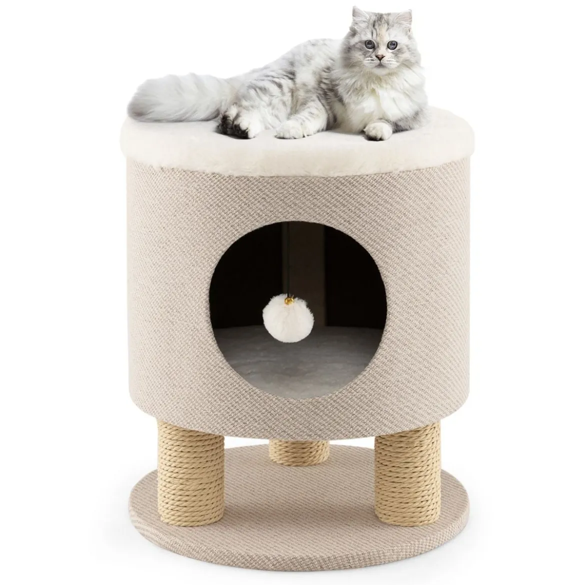 Klein Kratzbaum mit Weicher Sitzfläche & 3 Sisal-Kratzsäulen & Ball Hocker 40 x 40 x 47 cm Beige