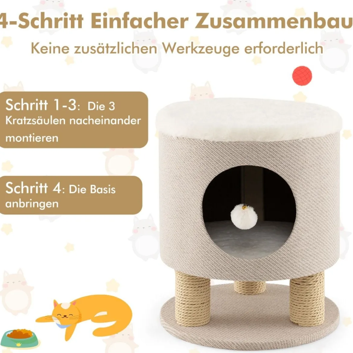 Klein Kratzbaum mit Weicher Sitzfläche & 3 Sisal-Kratzsäulen & Ball Hocker 40 x 40 x 47 cm Beige