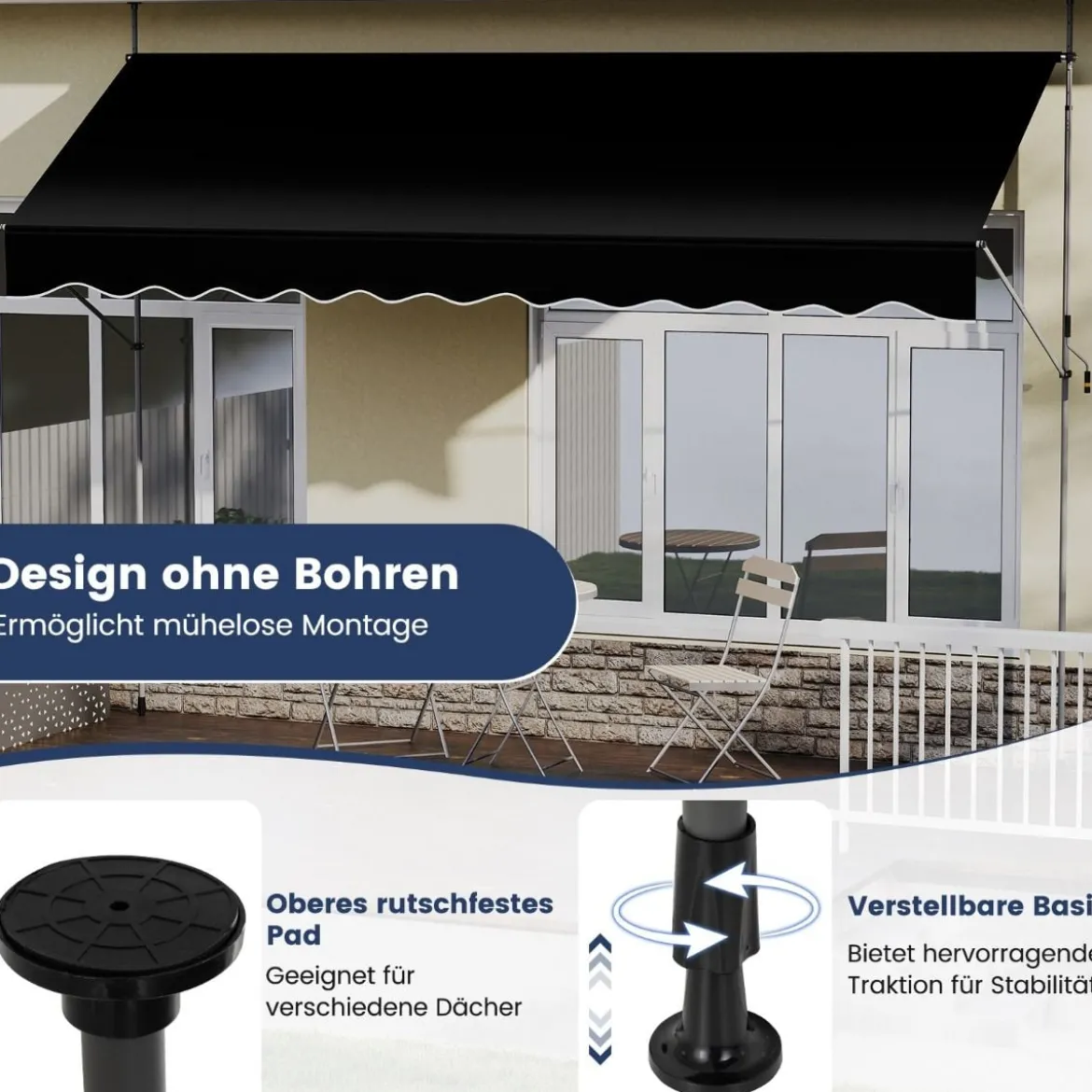 Klemmmarkise Balkonmarkise ohne Bohren mit Handkurbel Höhenverstellbar & UV-beständig Sonnenschutz Schwarz
